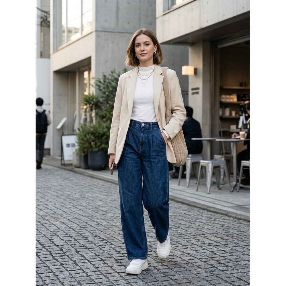 Uniqlo Beige Blazer with Ivory Top